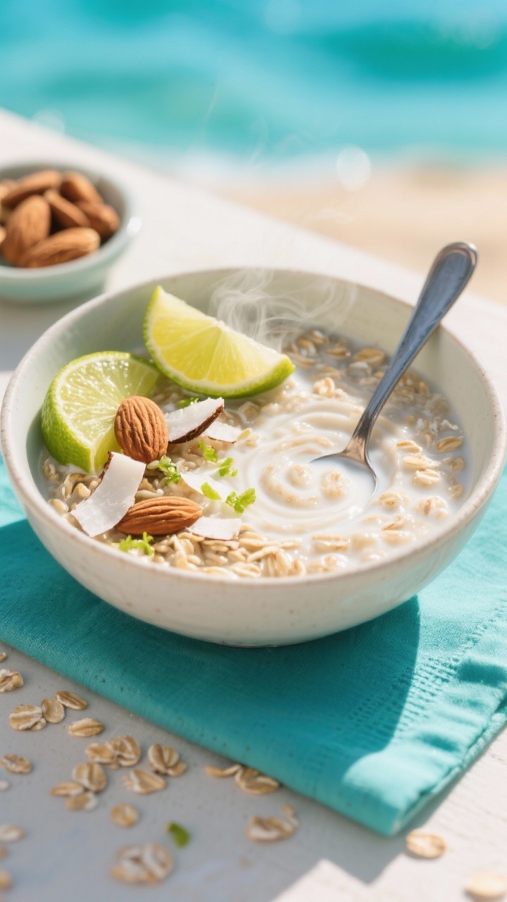 45-degree angle tropical bowl of coconut steel-cut oats: pearly steel-cut oats simmered in full-fat coconut milk and water, lightly sweetened with maple/honey and perfumed with vanilla; topped with toasted almond slices, vivid lime zest, and a few coconut flakes. Garnish with a lime half and a small dish of almonds in the background. Bright, beach-vacation mood with sunlit highlights, turquoise napkin accent, and a spoon creating a creamy swirl to showcase texture and steam.