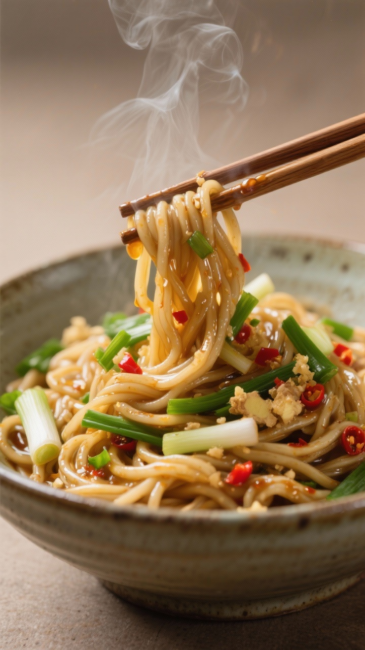 45-degree beauty shot of Ginger-Scallion Noodles with Quick Chili Oil Sizzle: wheat noodles glossy and bouncy, tossed with sizzling neutral oil poured over finely sliced scallion whites and greens and minced ginger, with visible red chili flecks from the quick oil; steam wafting, noodle strands coated and glistening; served in a deep ceramic bowl, chopsticks lifting a small tangle to showcase sheen and texture; warm, inviting tones, minimalist backdrop to spotlight the scallion-green and ginger-gold palette.