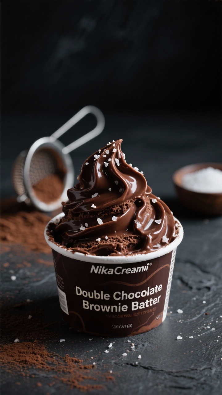45-degree close-up of “Double Chocolate Brownie Batter” ice cream mid-churn in a Ninja Creami pint: ultra-dark Dutch-process cocoa base with chocolate syrup ribbons folding in, fine sea salt crystals sprinkled on top, thick, glossy texture that screams brownie batter; moody, low-key lighting with a dark slate backdrop to amplify chocolate tones; a sifter dusted with cocoa nearby and a small bowl of granulated sugar slightly out of focus; emphasize rich sheen and deep chocolate color.