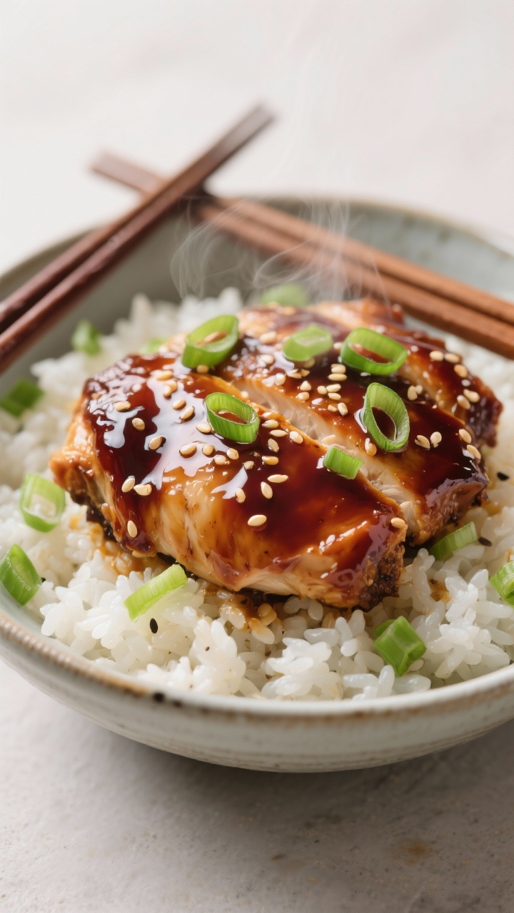 45-degree close-up of glossy boneless, skinless chicken thighs lacquered in a sticky soy-ginger glaze, sesame seeds sprinkled over, steam gently rising; served over fluffy sesame-scallion rice in a shallow ceramic bowl; glaze made from low-sodium soy sauce, honey, brown sugar, rice vinegar, toasted sesame oil, and finely grated fresh ginger—thick and clinging; thinly sliced scallions folded into the rice and scattered on top; chopsticks resting on the rim; bright, clean styling with a neutral backdrop to highlight deep mahogany glaze and emerald scallions.