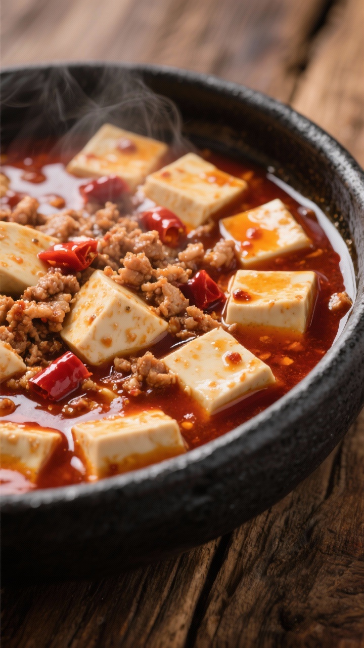 45-degree close-up of Silky Mapo Tofu simmering in a glossy red-brown sauce: 1-inch cubes of soft tofu gently bobbing, ground pork crumbles coated in doubanjiang-forward chile-bean paste, ripples of neutral oil forming chili pools on the surface; visible numbing-spicy vibe with specks of fermented chili, steam lifting; served in a shallow black earthenware bowl on a rustic wood surface to emphasize weeknight comfort with restaurant polish, focus on velvety tofu and glistening sauce.