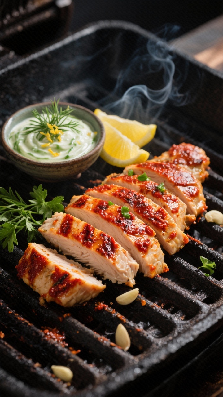 45-degree grill action shot: char-kissed boneless skinless chicken thighs brushed with a deep red harissa paste marinade (harissa, lemon juice, olive oil, grated garlic, ground cumin, pinch of ground coriander), grill marks prominent; served alongside a chilled cucumber-yogurt sauce in a small bowl with dill and lemon zest; include lemon wedges and a sprinkle of chopped parsley; dark cast-iron grill grates, moody contrast, a few wisps of steam, Middle Eastern vibe, no people.