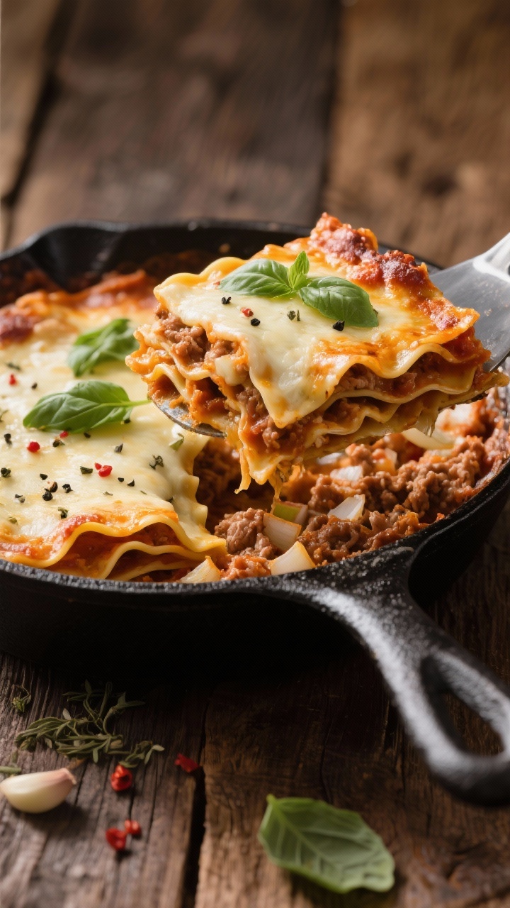 45-degree hero shot of One-Pan Turkey Skillet Lasagna: a black enameled skillet layered with ruffly no-boil lasagna sheets nestled into a saucy mixture of 85–93% lean ground turkey, diced onion, minced garlic, dried Italian seasoning, a pinch of red pepper flakes, and kosher salt. Cheese melted and lightly browned on top, edges caramelized, a spatula lifting a gooey slice to reveal layers. Garnish with torn basil and cracked black pepper; rustic wooden table, warm cozy Italian comfort vibe.