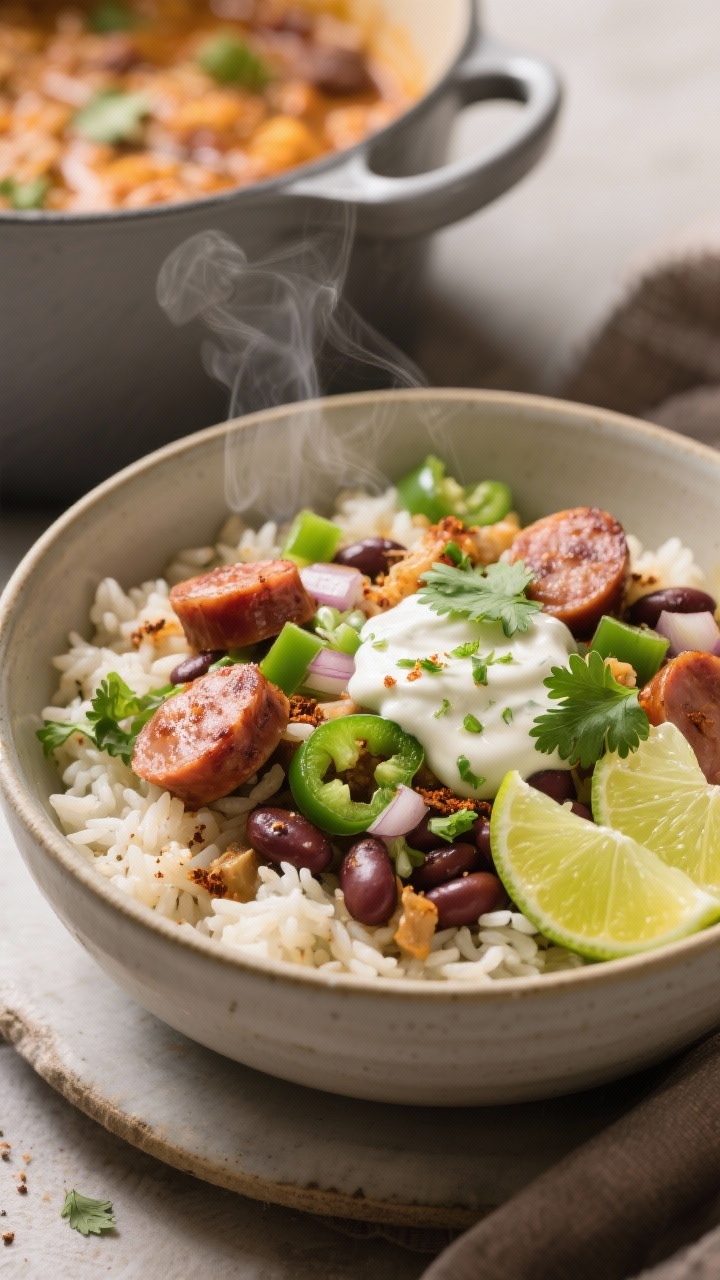 45-degree one-pot comfort bowl: a Dutch oven ladled into a ceramic bowl showing fluffy rice mingled with beans, seared kielbasa half-moons, diced green bell pepper, onion, and hints of garlic, seasoned with cumin and smoked paprika. A generous drizzle of zesty lime crema over the top with lime zest, and lime wedges on the side. Garnished with chopped cilantro for freshness. Soft, warm lighting, gentle steam rising, and the pot in the background to emphasize the one-pot nature. Clean composition, no people.