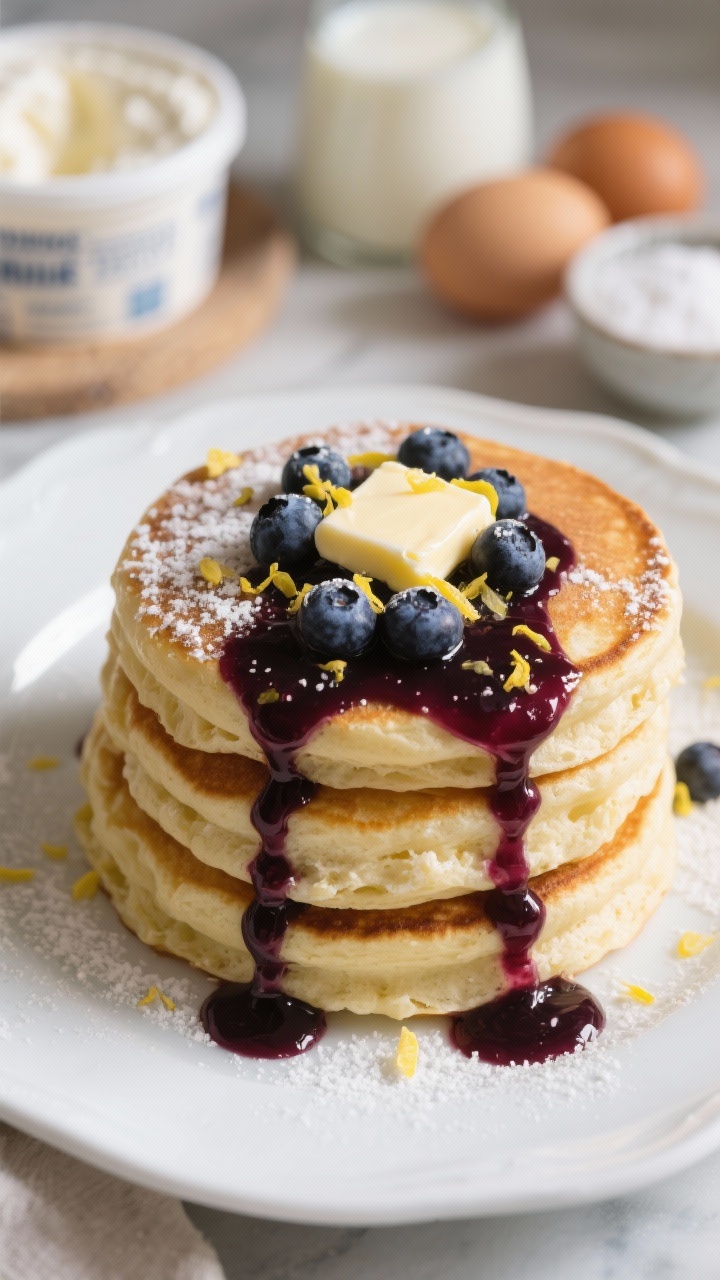 45-degree plated breakfast stack: fluffy lemon ricotta pancakes with visible airy crumb, stacked high on a white plate, topped with glossy blueberry burst sauce cascading down the sides; lemon zest confetti, a pat of melting butter, and a light snowfall of powdered sugar; ingredients hinted in background blur—ricotta tub, milk, eggs, and a small bowl of granulated sugar and baking powder; warm morning light, soft shadows, ultra appetizing.