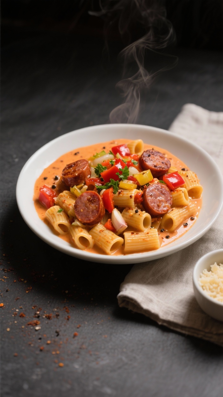 45-degree plated close-up of creamy Cajun kielbasa pasta: al dente short pasta (rigatoni) swirled in a velvety, orange-tinted Cajun cream sauce, studded with seared kielbasa half-moons, diced red bell pepper, finely diced yellow onion, and flecks of garlic. Visible sheen from butter and olive oil, a dusting of Cajun seasoning and cracked black pepper, and a sprinkle of chopped parsley for freshness. Served in a wide shallow white bowl on a matte charcoal surface, with a small bowl of grated Parmesan and a linen napkin in frame. Moody lighting to highlight glossy sauce and steam.
