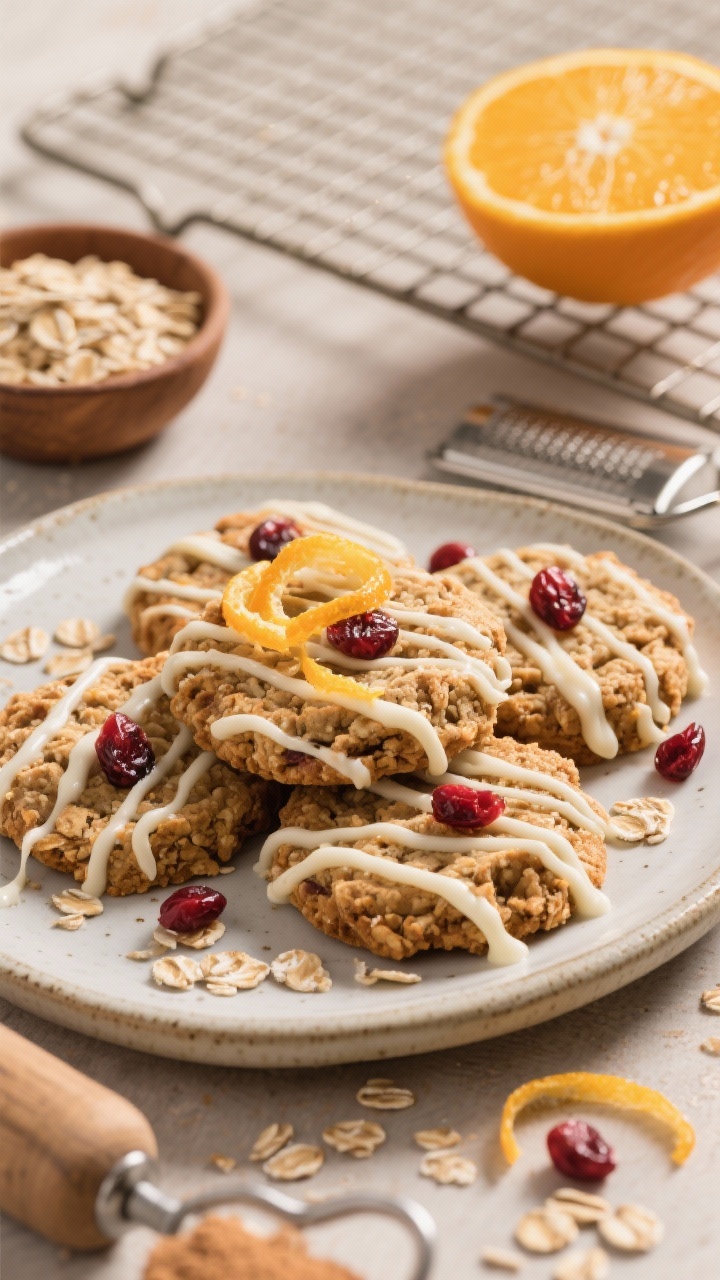 45-degree plated presentation: Chewy cranberry orange oatmeal cookies arranged on a ceramic plate, drizzled with thin ribbons of glossy white chocolate. Visible ruby dried cranberries, nubby oat texture, and bright orange zest curls sprinkled on top. Include a zester with fresh orange, a small bowl of oats and brown sugar, and a cooling rack behind; warm, homey lighting that highlights the chewy interiors and glistening drizzle.