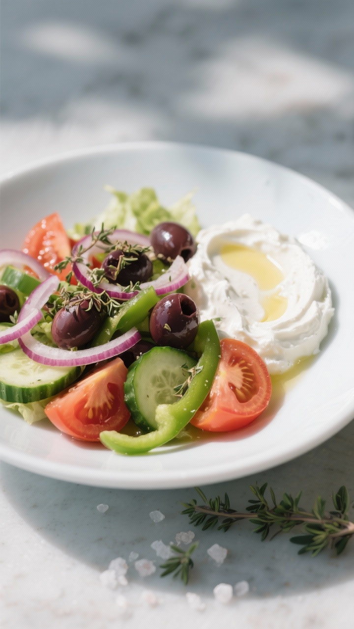 45-degree plated presentation of a Greek village salad with creamy whipped feta: juicy tomato wedges, cucumber half-moons, thin red onion crescents, green bell pepper strips, and glossy Kalamata olives tossed with dried oregano and olive oil; a swoosh of ultra-smooth whipped feta on the side of a wide white bowl; scattered oregano leaves and a few coarse salt crystals; no lettuce. Clean, natural light with cool tones, focus on crunch and shine, gentle bokeh to emphasize the whipped feta’s creamy texture.