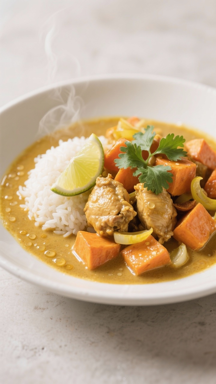 45-degree plated presentation of coconut-ginger chicken curry with sweet potato: tender bite-size chicken thighs and orange sweet potato chunks bathed in a silky, golden coconut curry sauce perfumed with ginger, garlic, and soft-cooked yellow onion; glossy surface with tiny coconut oil droplets, garnished with fresh cilantro and lime wedge; served in a wide white bowl over a small mound of steamed rice, warm, cozy glow with rich, aromatic steam.