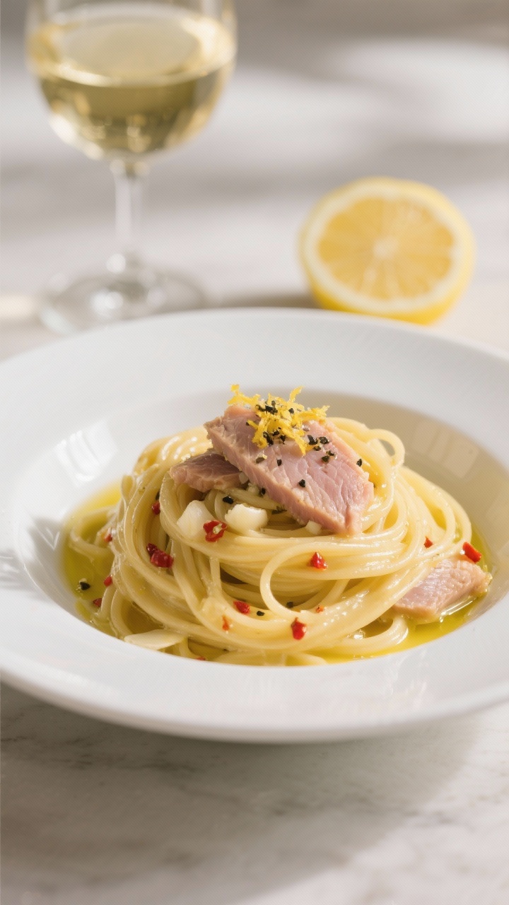 45-degree plated presentation of creamy lemon tuna linguine twirled into a nest: glossy strands coated in a butter-olive oil sauce with minced garlic, a whisper of red pepper flakes, dry white wine reduction, and bright lemon zest; tender tuna folded through, garnished with extra zest, cracked black pepper, and a slick of olive oil; set in a shallow white bowl with a glass of white wine and a halved lemon in soft background bokeh, elegant weeknight-fancy mood, no people.