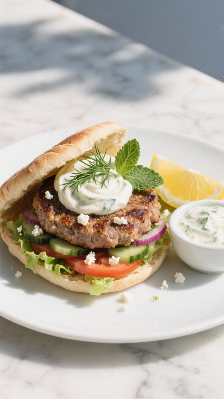45-degree plated presentation of Greek Goddess turkey burgers with tzatziki: seared turkey patties visibly studded with crumbled feta, grated cucumber, red onion, fresh dill, mint, and minced garlic, nestled in warm pita halves with crisp lettuce and tomato; a generous dollop of creamy tzatziki swirled on top, extra dill fronds and mint leaves for freshness; lemon wedges and a small bowl of tzatziki on the side; clean, bright Mediterranean styling on a white ceramic plate over sunlit marble.