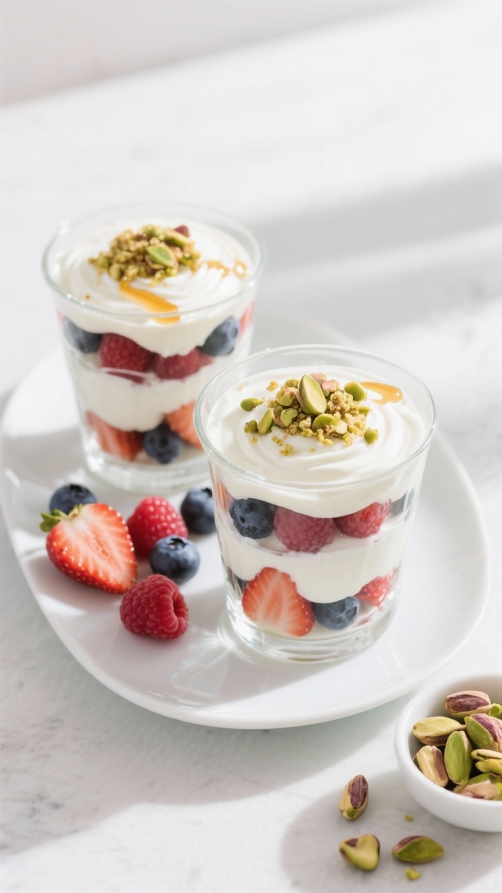 45-degree plated presentation of layered Greek yogurt berry parfaits in clear tumblers: thick swirls of 2–5% plain Greek yogurt lightly sweetened with maple syrup and vanilla, layered with mixed berries (sliced strawberries, blueberries, raspberries) and topped with a crunchy pistachio crumble. Garnish with a few crushed pistachios and a light honey/maple thread on top. Place extra berries and a small bowl of chopped pistachios nearby. Cool, fresh aesthetic with white ceramic plate under each glass, bright daylight, no people.