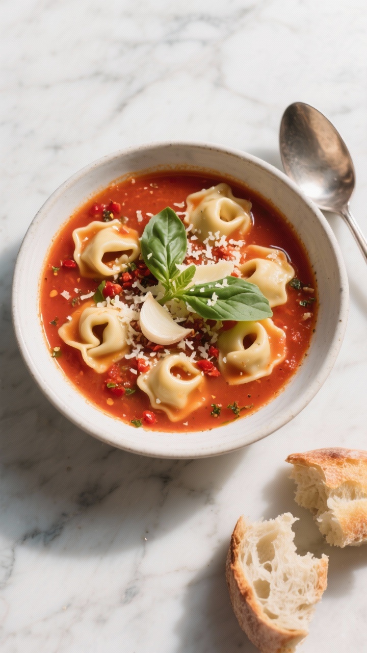 45-degree plated presentation of tomato basil tortellini soup in a wide shallow bowl: plump cheese tortellini floating in a vibrant red crushed tomato and garlic-Parmesan broth, flecked with dried Italian seasoning and a hint of red pepper flakes; ribbons of fresh basil, thinly sliced garlic visible, and a fine snowfall of grated Parmesan on top; drizzle of olive oil catching the light; set on a marble surface with a spoon and torn crusty bread at the side.