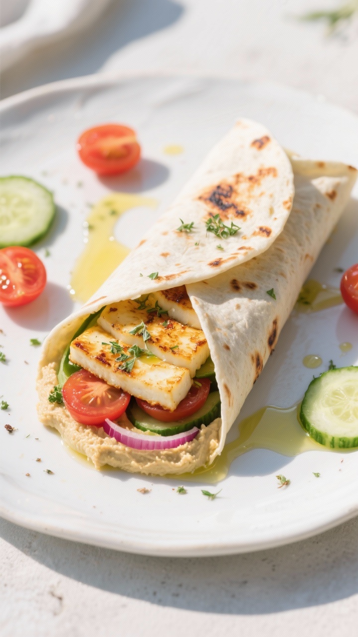 45-degree plated shot of a Mediterranean halloumi and herby hummus wrap, cut on the bias to reveal seared golden halloumi planks, a thick layer of herby hummus (classic or roasted red pepper), thinly sliced cucumber, halved cherry tomatoes, and a few slivers of red onion. Wrap is lightly charred and folded tight, with olive oil sheen and a sprinkle of za’atar/herbs on hummus. Set on a sunlit white ceramic plate with a drizzle of olive oil and scattered tomato and cucumber slices; bright, coastal Mediterranean mood.