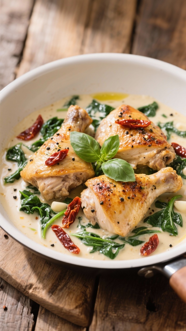 45-degree plated shot of creamy Tuscan skillet chicken thighs in a silky sun-dried tomato and spinach cream sauce: golden-seared boneless skinless thighs seasoned with Italian seasoning, black pepper, and salt, nestled in a pale cream sauce speckled with sun-dried tomato ribbons and wilted spinach, hints of garlic and white wine reduction. Olive oil gloss on the surface, garnished with freshly cracked pepper and a few basil leaves. Served in a wide, shallow white skillet on a rustic wooden table, warm Mediterranean tones, soft window light.