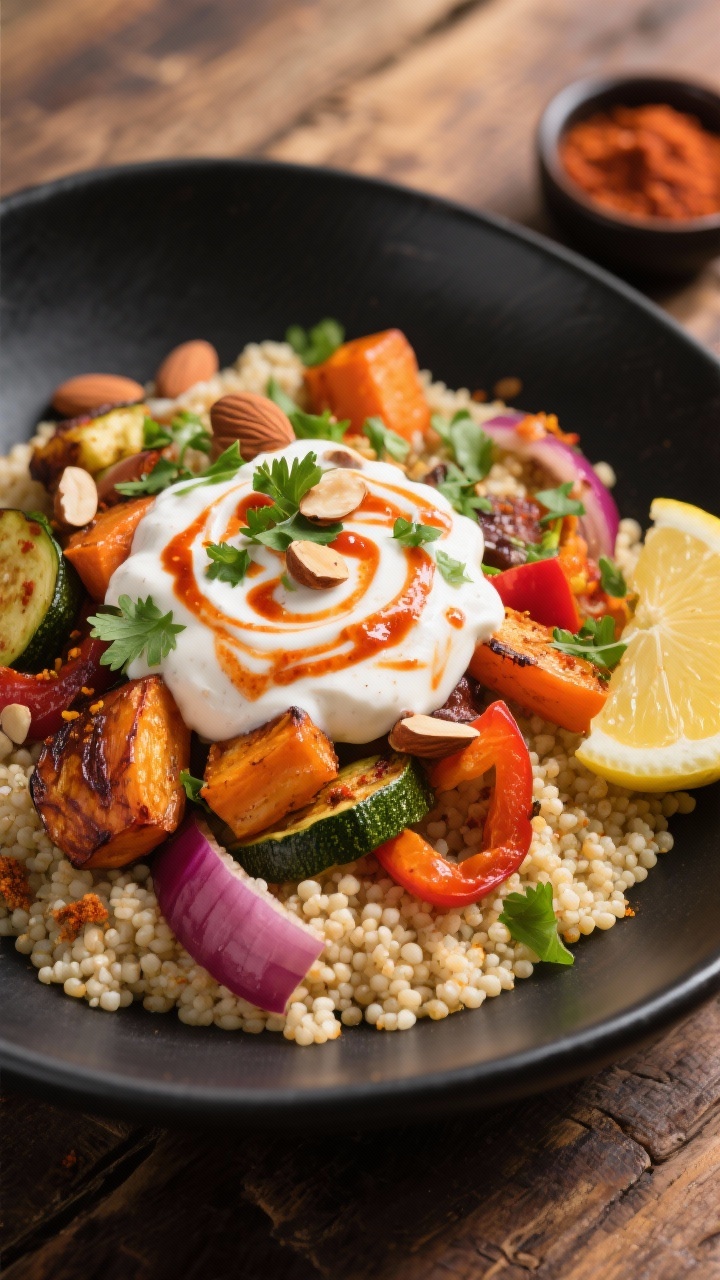 45-degree plated shot of Moroccan-Spiced Couscous with roasted vegetables and a swirl of harissa yogurt: pearl-like couscous tinted with warm spices (cumin, coriander, paprika) topped with caramelized roasted carrots, zucchini, red onion, and bell peppers; dollops of tangy harissa yogurt marbled on top, garnished with chopped cilantro and toasted almonds. Served in a shallow matte-black bowl on a rustic wooden table with a small dish of harissa and a lemon half; rich, warm tones, soft side light, North African mood.