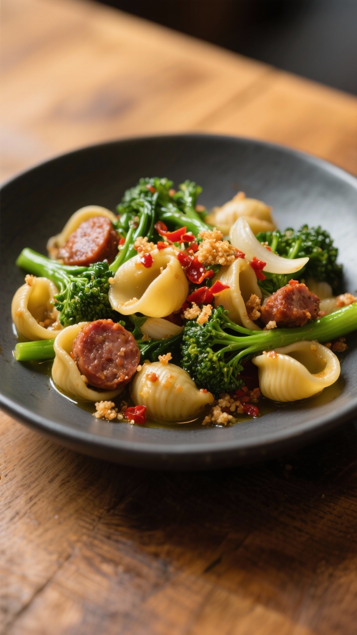 45-degree plated shot of Spicy Sausage Orecchiette With Broccoli Rabe: ear-shaped pasta cupping crumbles of hot Italian sausage, sautéed thinly sliced garlic, and emerald broccoli rabe pieces with tender stems; a light sheen of olive oil, chili heat implied by deep red sausage oils; sprinkled with crushed red pepper and a few toasted breadcrumbs for crunch; served in a matte charcoal bowl on a warm wooden table, vibrant green and golden highlights, appetizing glisten, tight depth of field emphasizing orecchiette “cups” filled with sausage and greens.