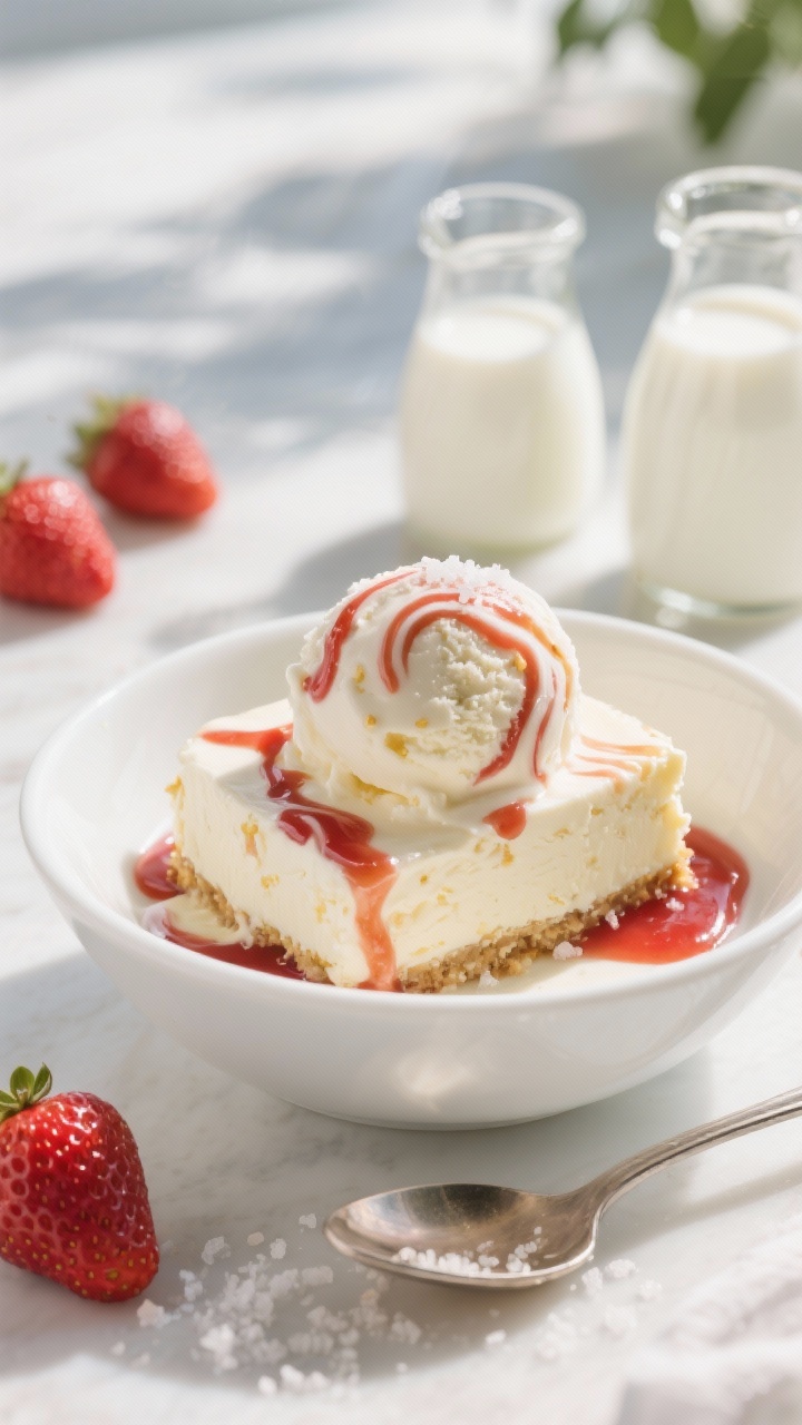 45-degree plated shot of Strawberry Cheesecake Swirl ice cream scooped into a chilled white bowl: creamy off-white cheesecake base with visible strawberry sauce swirls, small pockets of softened cream cheese richness, glossy honey sheen, and vanilla specks. Garnish with a spoon trail of extra strawberry sauce and a light pinch of flaky salt to echo the recipe’s pinch of salt. Place whole milk and heavy cream in small carafes in the background for context. Fresh summer mood, bright natural light, shallow depth of field, crisp highlights on the glossy strawberry ribbons.