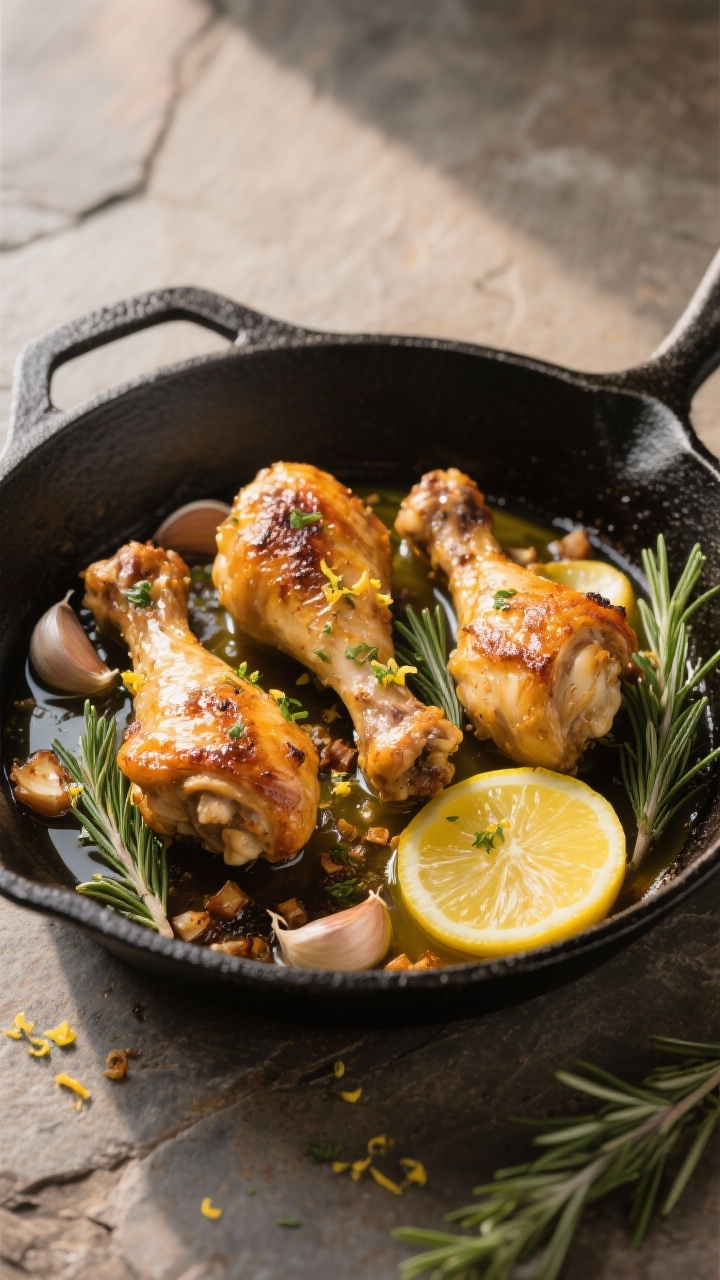 45-degree rustic skillet scene for Herby Garlic-Lemon Drumsticks With Crispy Pan Drippings: drumsticks roasted to a burnished gold, nestled with smashed garlic, rosemary sprigs, and lemon wedges, shimmering in a mix of olive oil, melted butter, and crackling pan drippings. Lemon zest sprinkled over top, tiny browned garlic bits clinging to the chicken, set in a black cast-iron pan on a stone surface, warm directional light capturing glossy drippings and aromatic herbs.