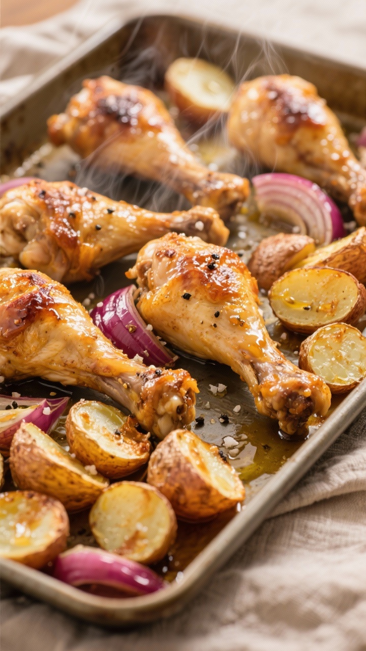 45-degree sheet-pan action shot for Maple-Dijon Sheet-Pan Drumsticks With Crispy Potatoes: golden-brown drumsticks and halved baby potatoes with blistered edges, red onion wedges caramelized at the tips, all glistening with olive oil, speckled with kosher salt and black pepper. Steam gently rising, lacquered maple-Dijon sheen on the chicken, served right on the pan over a linen, warm cozy tones, shallow depth of field emphasizing crisp potato skins and sticky glaze.