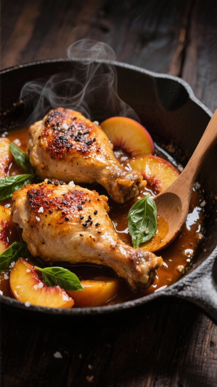 45-degree skillet scene of peach basil chicken: bone-in, skin-on chicken thighs seared golden with black pepper and smoked paprika, nestled with caramelized peach wedges and fresh basil leaves in a glossy browned-butter pan sauce. Kosher salt flakes visible on the skin, a wooden spoon resting at the edge of the cast-iron skillet. Steam rising, rich amber sauce pooling, warm moody lighting to emphasize the browned butter gloss. No people, tight composition on a dark wood surface.
