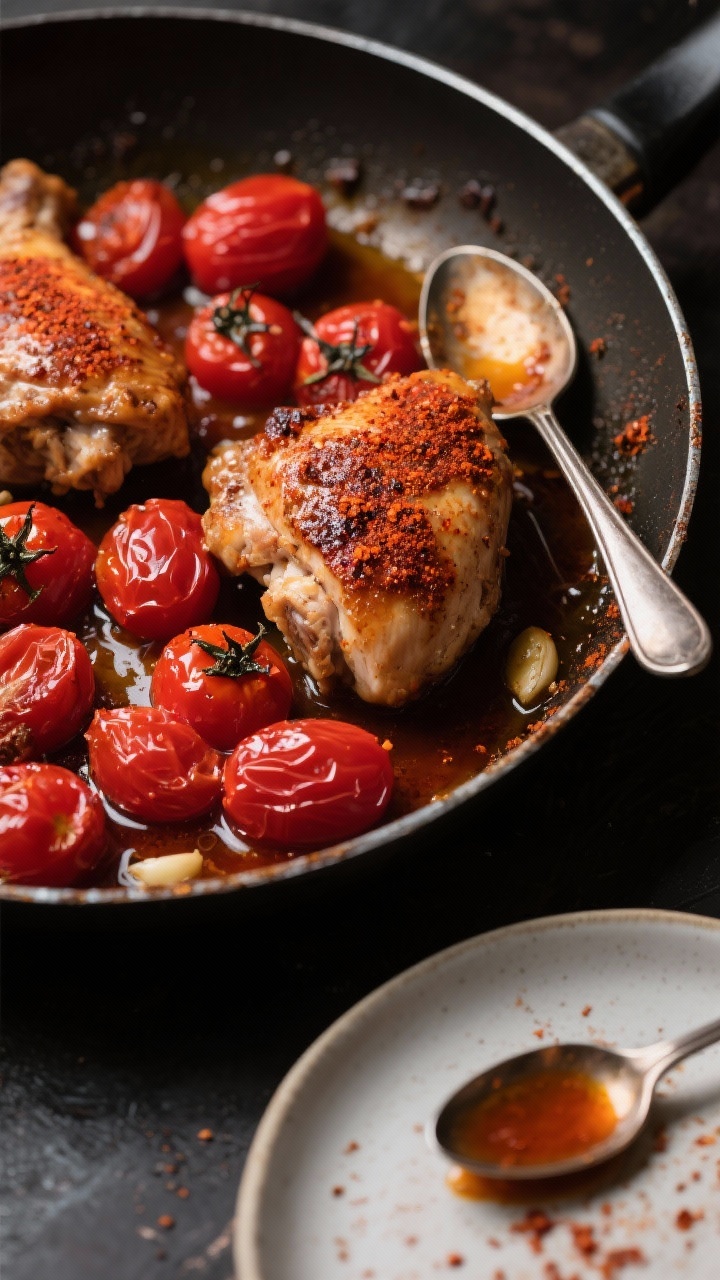 45-degree skillet-to-plate transition shot of smoky paprika chicken thighs with cherry tomato pan sauce: bronzed boneless skinless thighs coated in smoked paprika, sweet paprika, garlic powder, salt, and black pepper, seared in olive oil. Bursting cherry tomatoes forming a glossy pan sauce with released juices, flecks of paprika swirling through. Spoon poised on the skillet edge, a shallow plate nearby catching a ladle of sauce. Vivid reds and deep mahogany tones, moody contrast, Mediterranean comfort mood.