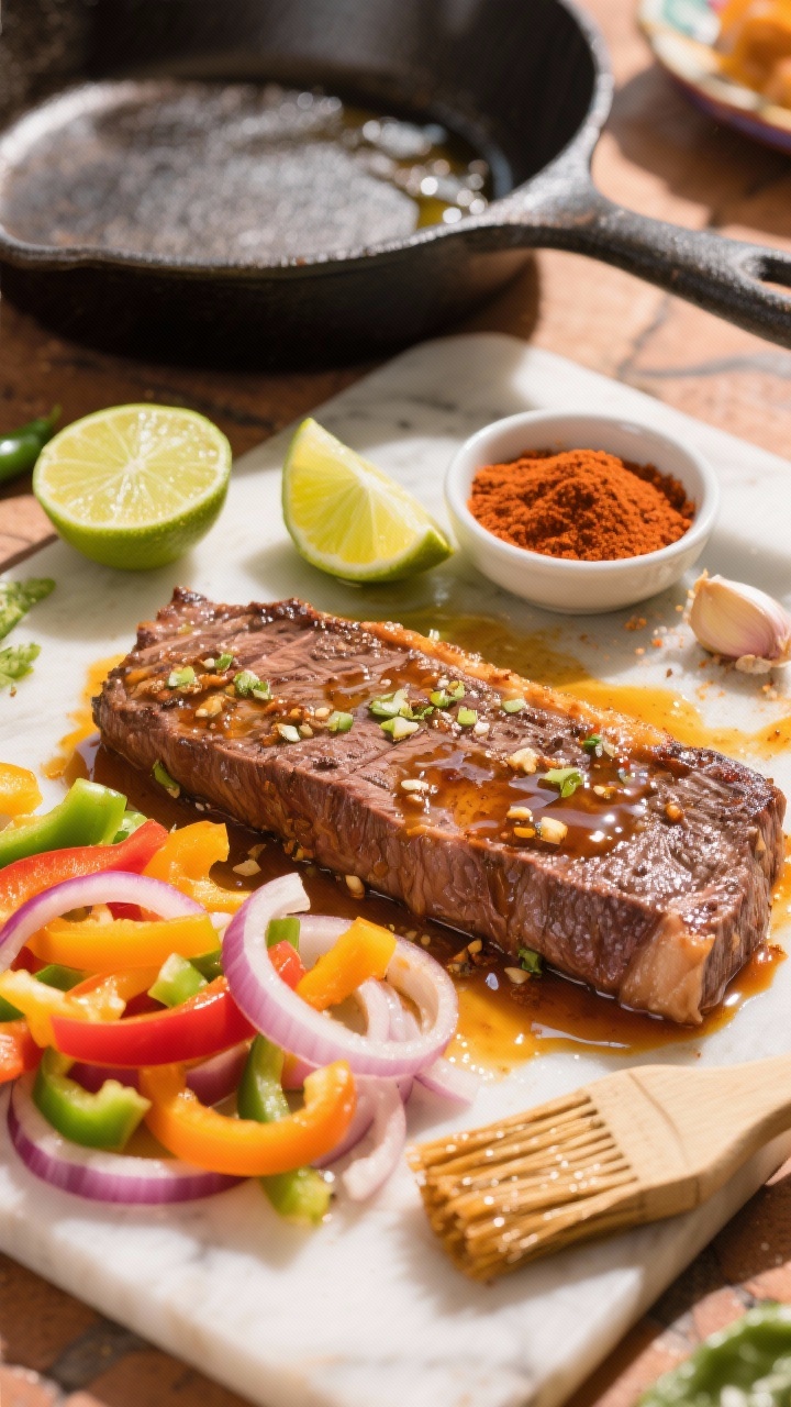 5–2 lb flank steak in a zesty marinade of lime juice, orange juice, olive oil, minced garlic, ground cumin, chili powder, smoked paprika, and kosher salt; next to it, sliced multicolored bell peppers and onions ready for the skillet; lime wedges, a small bowl of chili powder, and a brush glistening with marinade; bright, sunlit taqueria mood with a cast-iron skillet nearby, capturing the sizzle anticipation.