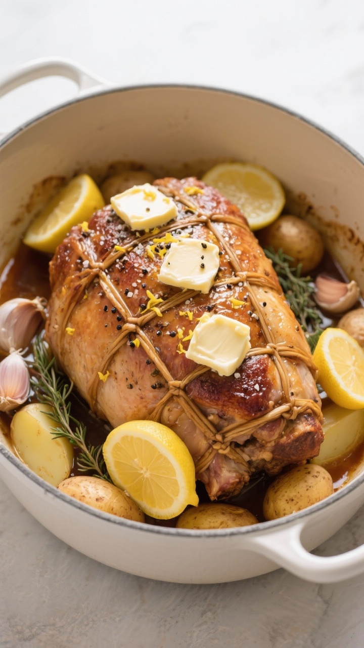 5 lb) trussed in a white Dutch oven, skin glistening with 4 tablespoons unsalted butter, seasoned with kosher salt and freshly ground black pepper; lemon zest speckled over top with lemon quarters tucked around, smashed garlic cloves visible, potatoes scattered in the pan to catch the pan-jus; golden browning, bubbling juices, thyme sprigs optional background, inviting Sunday roast mood.