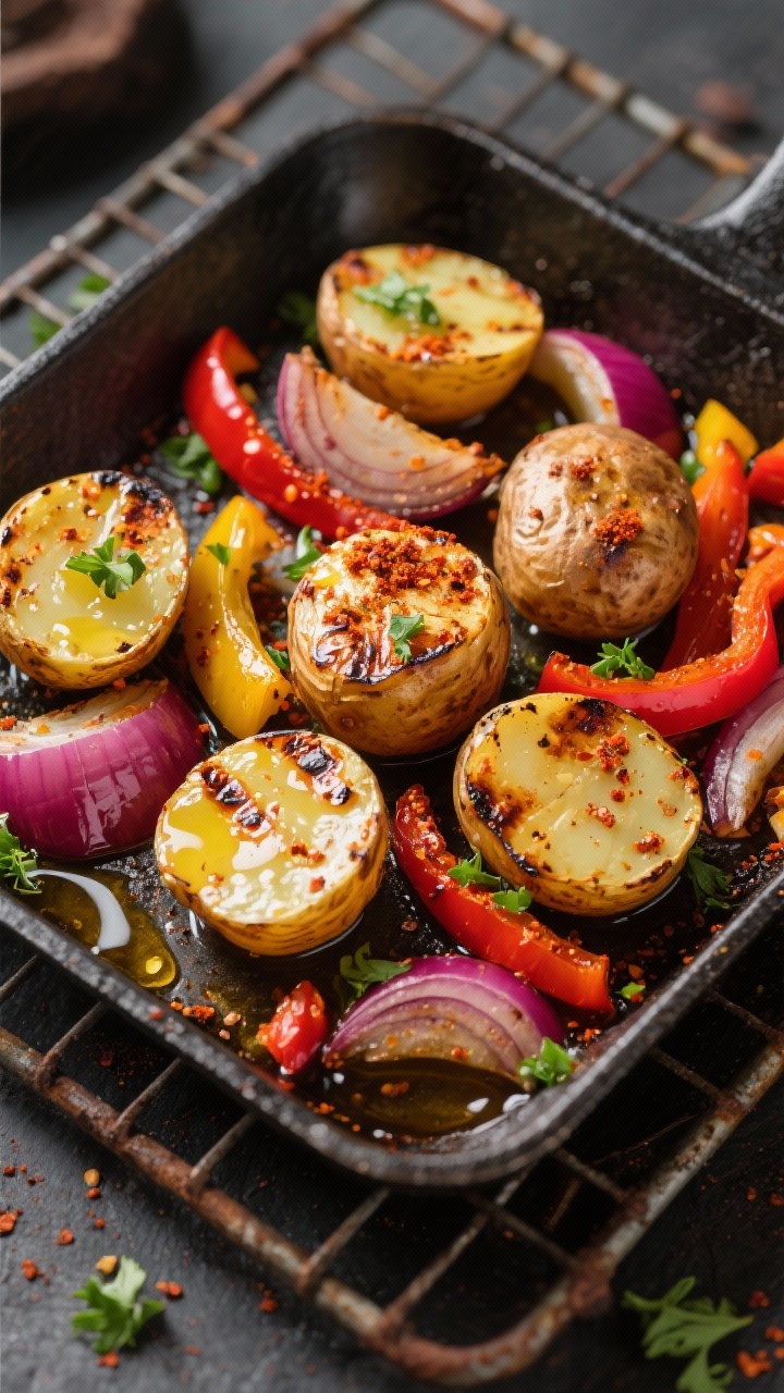 5 lbs halved baby potatoes with blistered edges, red onion wedges, and mixed bell pepper strips in red and yellow, all glistening with 3 tbsp olive oil and dusted generously with Cajun seasoning. Charred bits, caramelized onion, and paprika-tinted oil puddles visible on a dark metal pan; minimal props, sprinkled chopped parsley, set on a rustic baking rack for a bold, cozy Southern vibe.