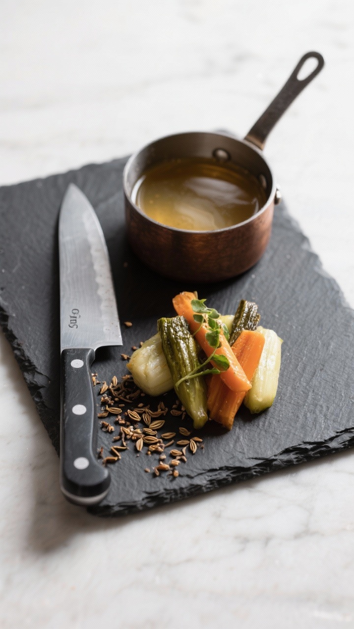 5 oz visible). Arranged on a dark slate board with a chef’s knife, cumin sprinkled lightly, and a small saucepan with a glossy hint of vegetable broth. Clean, graphic composition with strong color contrast, no hands.