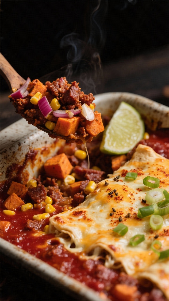A 45-degree angle action shot of a smoky chorizo, corn, and sweet potato enchilada casserole being scooped from a rustic baking dish: crumbled fresh chorizo browned with diced red onion and minced garlic, sweet potato cubes and corn kernels nestled in a saucy, chili-red enchilada layer, lightly blistered cheese on top. Visible flecks of smoky paprika and cumin tones, garnished with sliced scallions and a lime wedge off to the side. Warm, moody lighting to amplify the smoky, Tex-Mex vibe; no people, focus on melty, saucy textures.