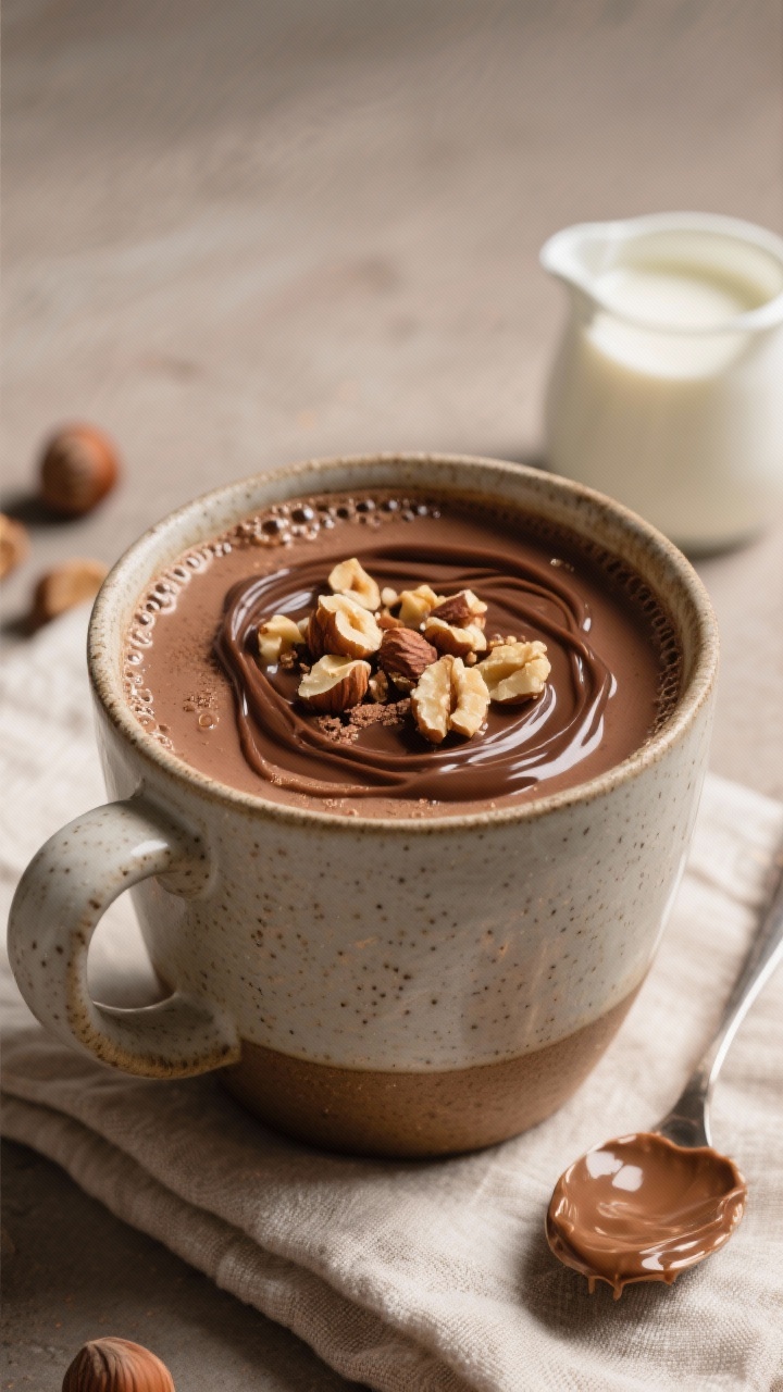 A 45-degree angle, final mug shot of nutty hazelnut hot chocolate that looks like dessert: creamy, luscious surface in a stoneware mug, rich milk-and-cream base with semisweet chocolate and cocoa giving a deep chestnut hue. Drizzle of glossy chocolate-hazelnut spread on top forming delicate ribbons, chopped toasted hazelnuts sprinkled over, micro-bubbles at the edge. A small pitcher of heavy cream (or canned coconut milk) nearby, a spoon with smears of chocolate-hazelnut spread, set on a linen napkin, warm backlighting for shine and decadence.