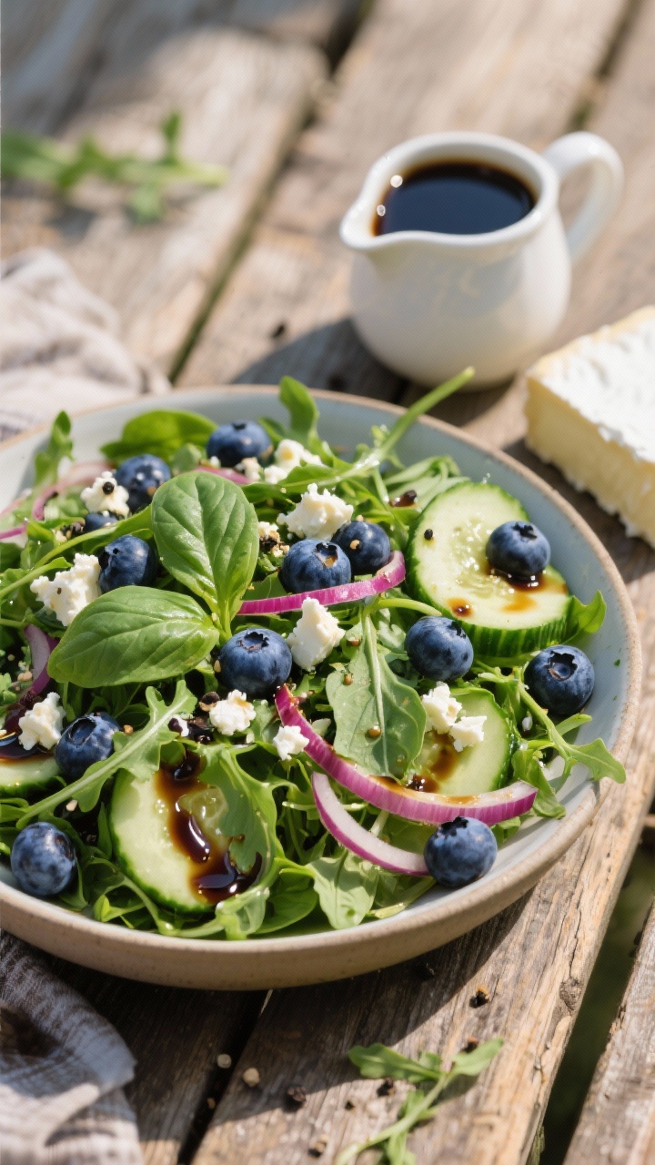 A 45-degree angle plated presentation of a vibrant blueberry basil balsamic salad: baby arugula mounded in a wide shallow bowl, scattered with fresh blueberries, thin cucumber rounds, wisps of very thin red onion, and crumbled goat cheese; glossy balsamic vinaigrette and olive oil droplets visible on leaves, torn fresh basil leaves for aroma, cracked black pepper; styled on a rustic wooden table with a small pitcher of balsamic dressing and a wedge of goat cheese to the side, crisp, summery picnic mood.