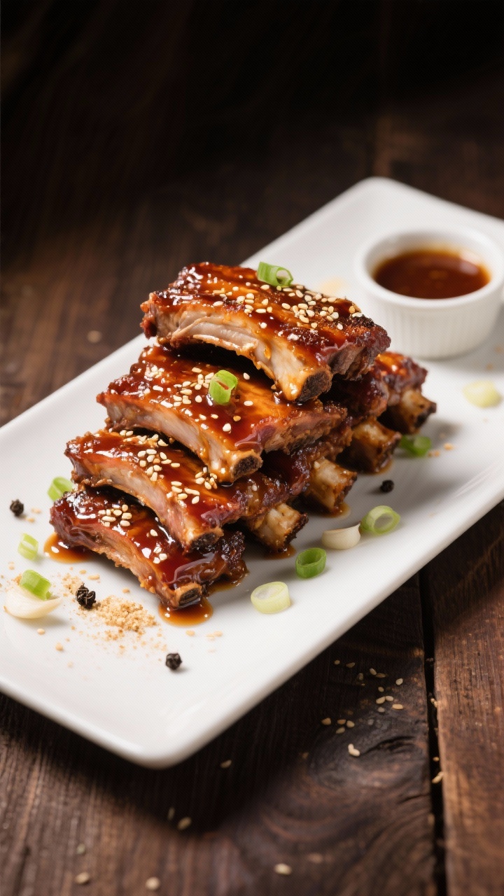 A 45-degree angle plated presentation of honey-soy sticky baby back ribs stacked high, lacquered with a thick, glossy glaze that drips slowly down the bones. The rub hints—garlic powder, ground ginger, black pepper, kosher salt, and a touch of Chinese five-spice—show as subtle speckles beneath the sheen. Garnish with sesame seeds and a scatter of sliced scallions. Serve on a white rectangular platter with a small ramekin of extra glaze; dark wood background, directional light emphasizing the sticky, caramelized bark.