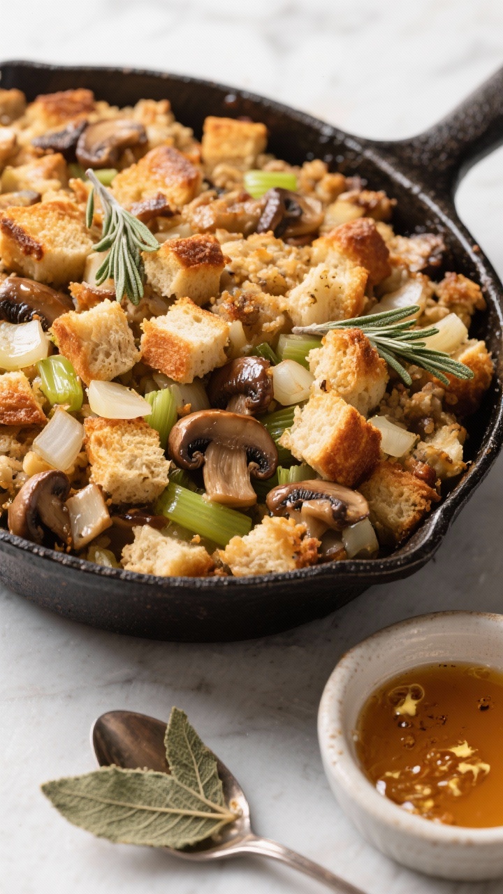 A 45-degree angle shot of brown butter sage stuffing in a cast-iron skillet, the top golden and crisp with visible cubes of day-old French bread/sourdough; browned bits of cremini mushrooms, diced onion, and celery peeking through; glossy sheen from 10 tablespoons of unsalted butter with flecks of toasted sage; a small pan of foaming brown butter and a spoon of crispy sage leaves set to the side; bright, appetizing contrast and sharp crumb detail.