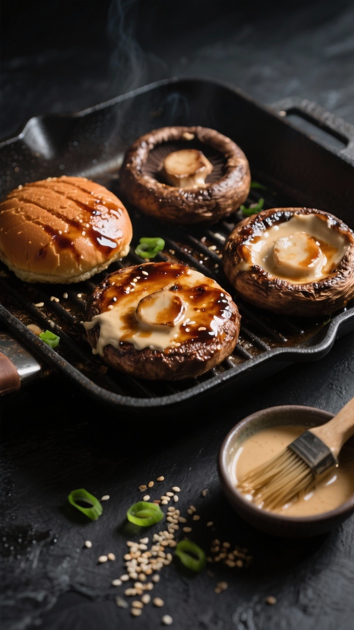 A 45-degree angle shot of miso-glazed mushroom umami burgers sizzling on a grill pan: four large portobello caps brushed with a glossy glaze of white miso, soy/tamari, maple syrup, rice vinegar, and sesame oil, showing caramelized edges and grill marks. A small dish with extra glaze and a pastry brush sits nearby; sesame seeds and a few scallion greens sprinkled for contrast. Dark slate background, dramatic side light highlighting sticky sheen and meaty texture of the mushrooms, vegetarian focus, no buns in frame to emphasize the umami-rich caps.