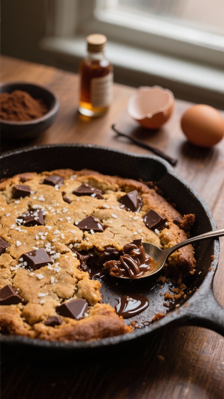 A 45-degree close-up of a freshly baked brown butter chocolate chunk skillet cookie in a cast-iron pan, with visible pools of melted chocolate chunks and crisp, caramelized edges from browned butter; coarse sea salt sprinkled on top, a golden-brown, crackly surface, and a scoop taken out to reveal gooey interior strands. Include props hinting at ingredients: a small dish of dark brown sugar, a vanilla extract bottle, and two eggshells in the background on a warm wooden table. Soft window light, shallow depth of field, moody and cozy dessert vibe.
