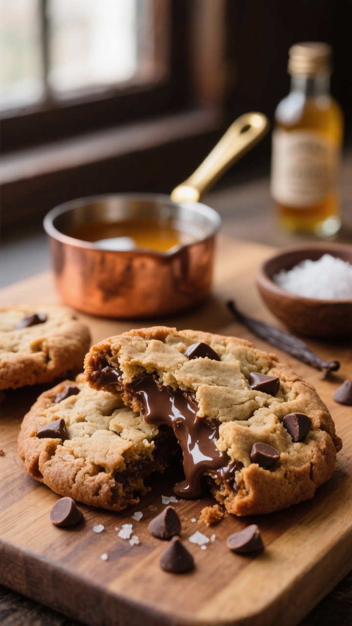 A 45-degree close-up of brown butter chocolate chip cookies just cracked open to reveal gooey middles, visible melty chocolate pools and toasty browned edges; include a small copper saucepan with browned butter (golden, nutty milk solids) and a vanilla extract bottle blurred in the background; style on a warm wood board with a pinch bowl of flaky salt and scattered chocolate chips; soft window light, shallow depth of field, ultra-detailed texture on the craggy tops, appetizing warmth and gloss.