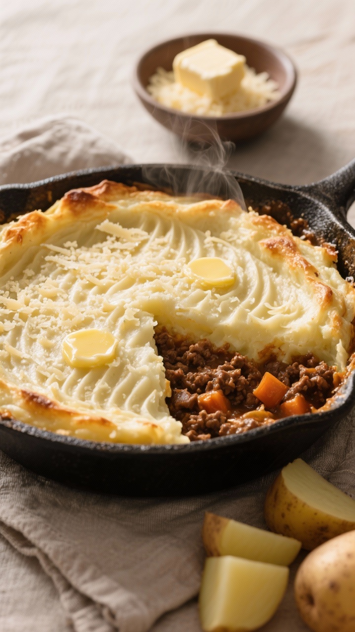A 45-degree plated presentation of cozy skillet shepherd’s pie: a cast-iron pan with a wedge scooped out to reveal saucy ground beef and vegetables beneath, topped with creamy Parmesan mashed potatoes. The mash is ridged and lightly browned, dotted with melted butter; steam visible. Include props showing ingredients: a small bowl of grated Parmesan, a pat of unsalted butter, and peeled russet potato cubes on a linen. Warm, homey lighting emphasizing textures of the crust and the savory filling.