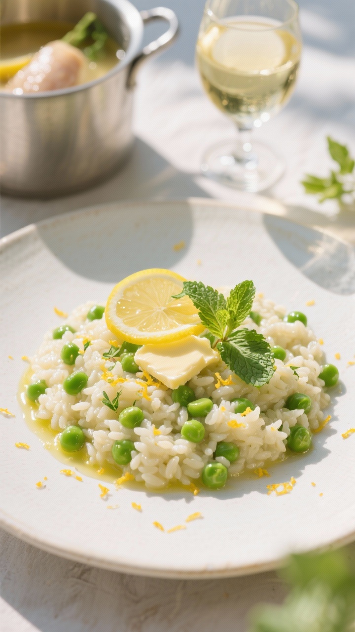 A bright, 45-degree plated presentation of Spring Pea, Lemon, and Mint Risotto That Feels Like Sunshine: creamy arborio/carnaroli rice folded with sweet green peas, micro-zest of lemon scattered on top, thin lemon curls, and torn fresh mint leaves; a glisten from olive oil and a small knob of butter melting into the surface; a small glass of dry white wine and a warmed vegetable/chicken stock pot in the background; vibrant, fresh spring palette on a light ceramic plate, airy styling and sunlit backdrop.