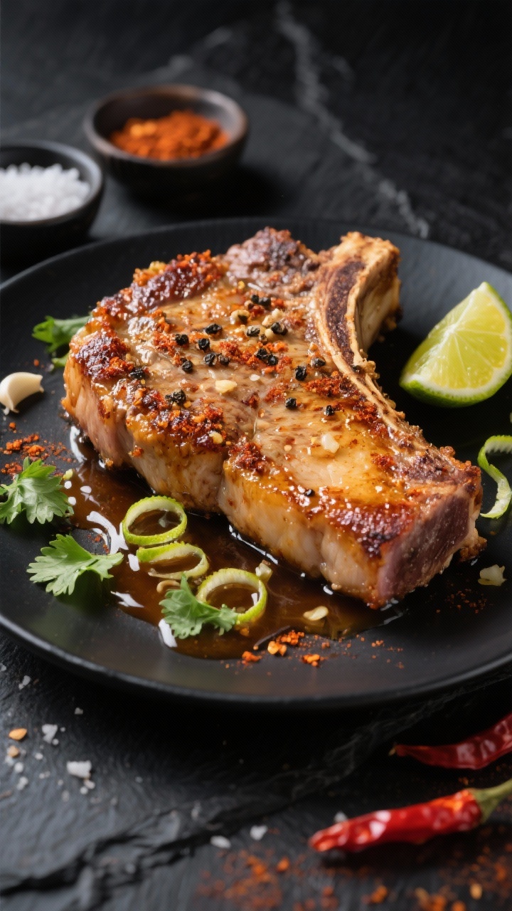 A close-up, 45-degree angle shot of crispy bone-in pork chops seared golden with a ginger-garlic crust, speckled with smoked paprika and coarse black pepper, finished with a glossy chili-lime drizzle pooling on the surface. Serve on a matte black plate with lime wedges, thin lime zest curls, and scattered grated fresh ginger and micro cilantro. Background: dark slate with small pinch bowls of kosher salt, grated garlic, and chili flakes to suggest heat; lighting highlights crackly edges and juicy interior.