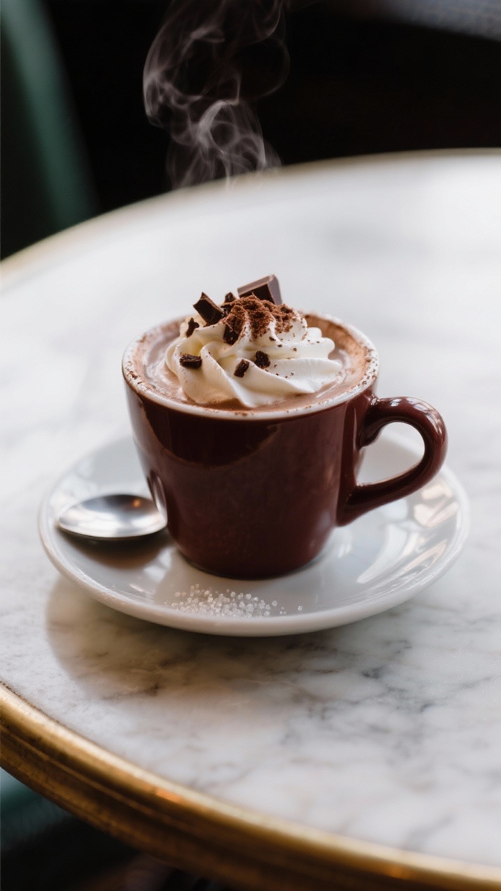 A close-up, 45-degree angle shot of Parisian café-style hot chocolate in a small porcelain cup with a thick, glossy surface, deep mahogany color. Visible silky cream swirls from lightly whipped heavy cream folded into the drink, tiny ripples on top. Finely chopped dark chocolate flecks melting at the rim, a dusting of unsweetened cocoa powder and a pinch of granulated sugar crystals catching light. Served on a saucer with a small spoon, set on a marble café table, soft morning light, elegant, moody Parisian vibe, shallow depth of field, steam gently rising.
