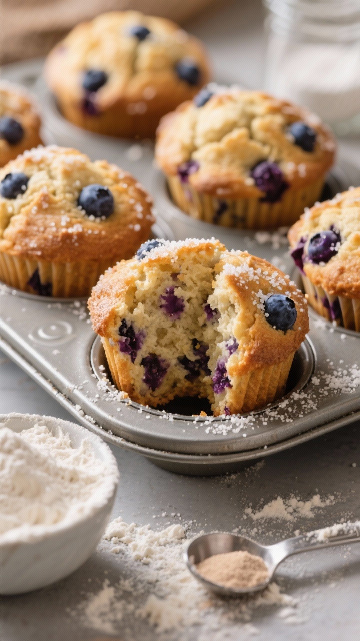 A close-up of bakery-style blueberry muffins with tall, craggy tops in a metal muffin tin, golden-brown crowns bursting with deep purple blueberry pockets, granulated sugar sprinkled on top for sparkle, a split muffin showing moist crumb flecked with berries; flour dusting on the surface, a bowl of all-purpose flour and a measuring spoon of baking powder in the background softly out of focus; warm, inviting morning light, shallow depth of field highlighting the rugged tops.
