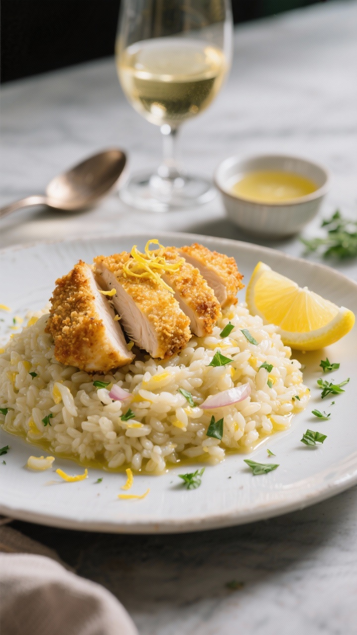 A composed 45-degree hero shot of Zesty Lemon-Herb Risotto With Crispy Chicken Cutlets: lemon-scented risotto studded with fine shallot, finished with olive oil and butter, mounded on a plate and topped with golden, breaded chicken cutlets sliced on the bias for texture; bright lemon zest sprinkled over, a wedge of lemon on the side, and chopped fresh herbs scattered; a small glass of dry white wine and a ladle of warmed chicken stock in the background; crisp, high-contrast lighting to highlight crunch vs. cream.