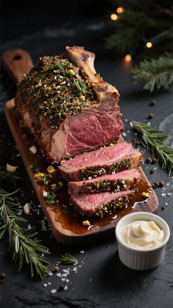 A dramatic 45-degree angle close-up of an herb-crusted bone-in prime rib roast just sliced on a carving board, showing a rosy medium-rare interior with a crust of kosher salt, freshly ground black pepper, minced garlic, Dijon mustard, olive oil, and chopped fresh rosemary; a small ramekin of whipped horseradish cream beside the slices, juices pooling, rosemary sprigs scattered; moody holiday lighting on a dark slate surface, shallow depth of field, crisp texture on the crust and visible marbling.
