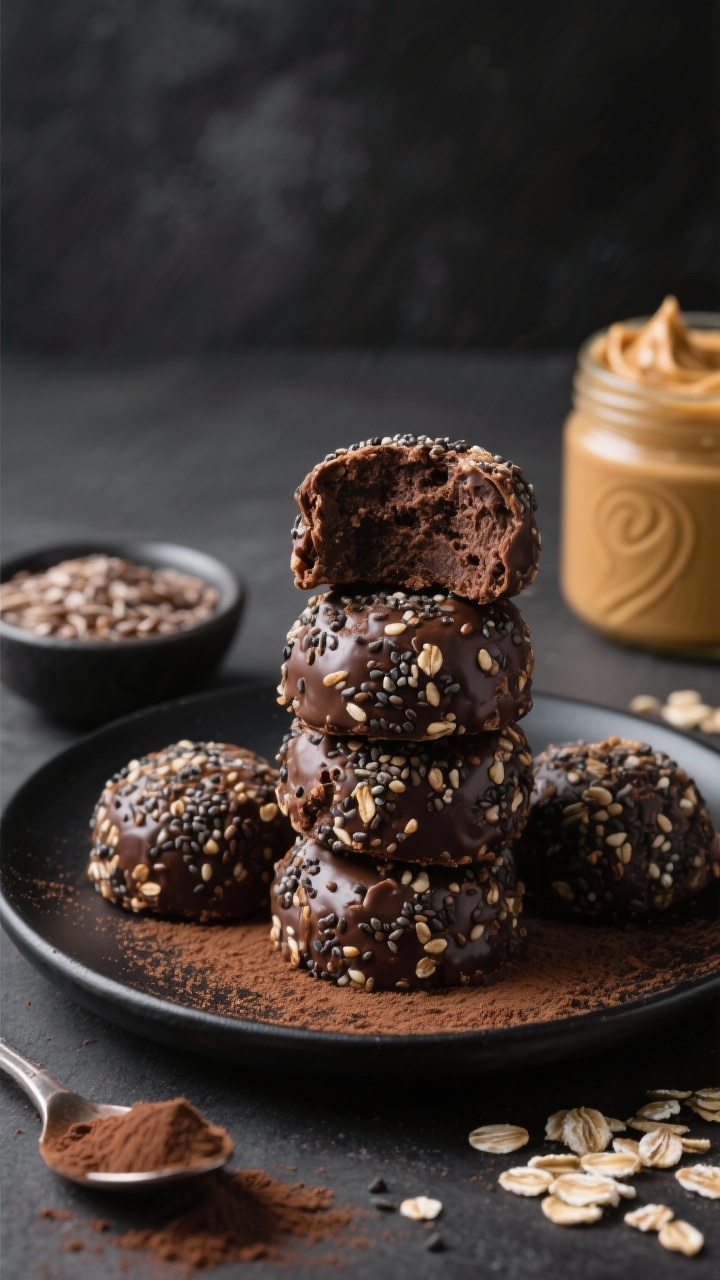 A moody 45-degree close-up of double-chocolate chia protein bites stacked on a matte black plate, their fudgy interior dotted with chia and oats, cocoa-dusted exteriors catching soft light; ingredients hinted around—spoonful of cocoa powder, a small bowl of rolled oats, ground flaxseed, and a jar of creamy peanut butter with a swirl on top—conveying rich chocolate flavor and hearty texture.