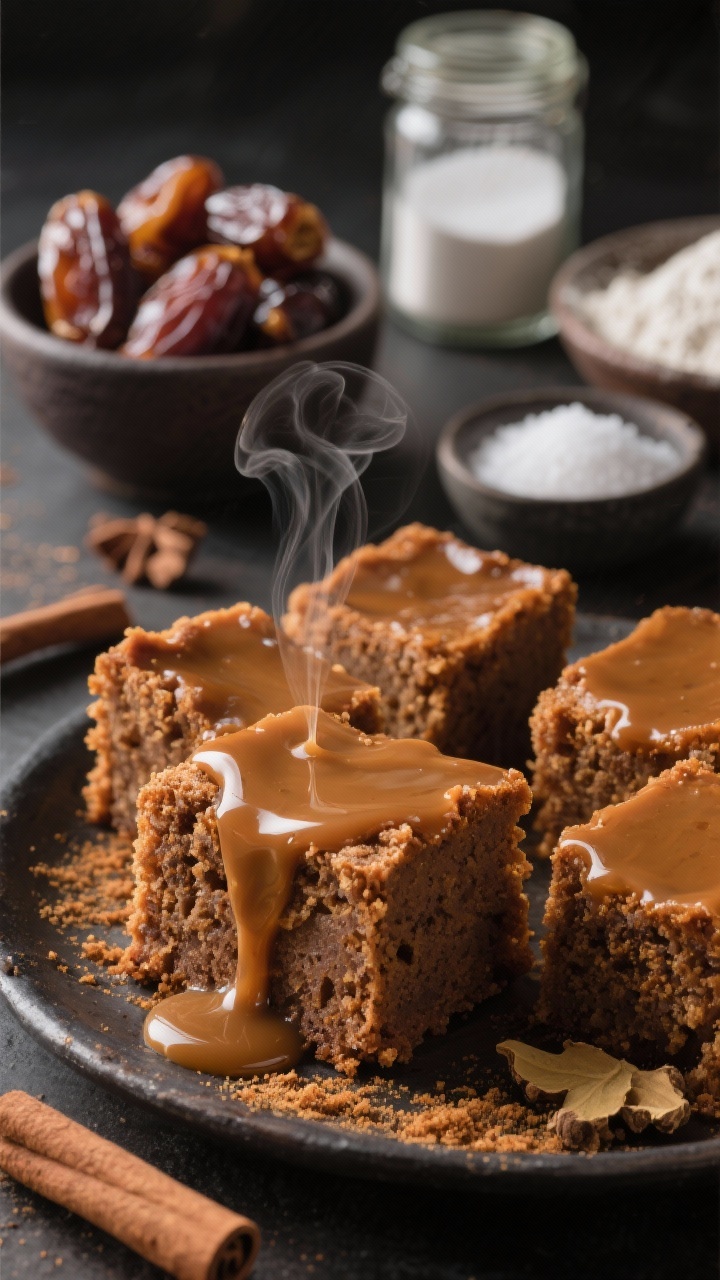 A moody close-up of gingerbread sticky toffee pudding squares drenched in glossy toffee sauce, with a tender crumb speckled from ground ginger and cinnamon; ingredients hinted in the background: a small bowl of chopped pitted dates with a splash of boiling water, baking soda, a jar of baking powder, and all-purpose flour; a pinch bowl of kosher salt; steam rising from warm pudding, rich caramel tones and holiday spice warmth, shallow depth of field highlighting the sauce drip.