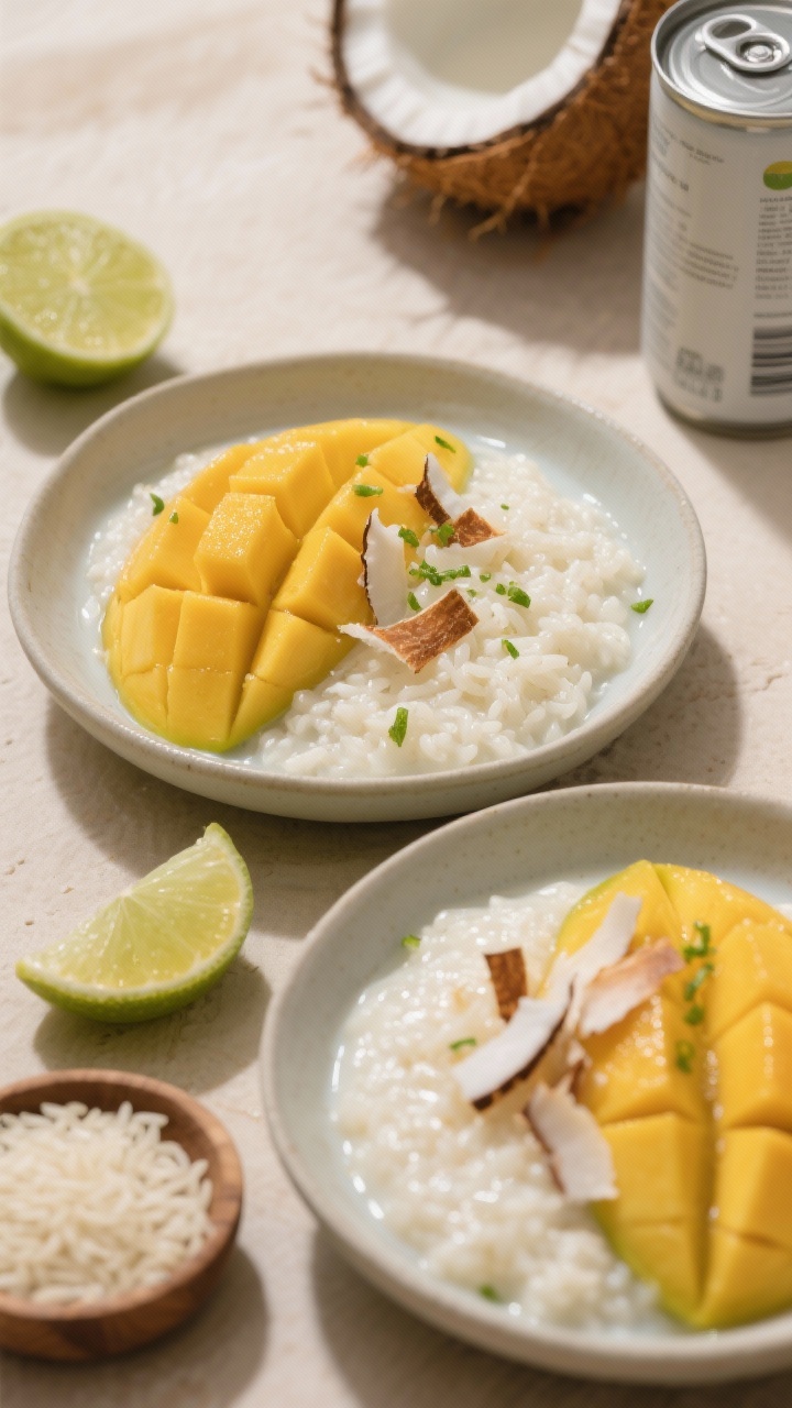 A plated, 45-degree shot of creamy coconut rice pudding served in shallow bowls, topped with ripe mango slices and a sprinkle of fresh lime zest; the pudding appears glossy and lush from coconut milk, with visible short-grain rice. Garnish with toasted coconut flakes and a light drizzle of coconut milk. Include props: an open can of coconut milk, a halved lime, and uncooked short-grain rice in a small dish. Tropical, relaxed mood with soft natural light and warm neutral surfaces.