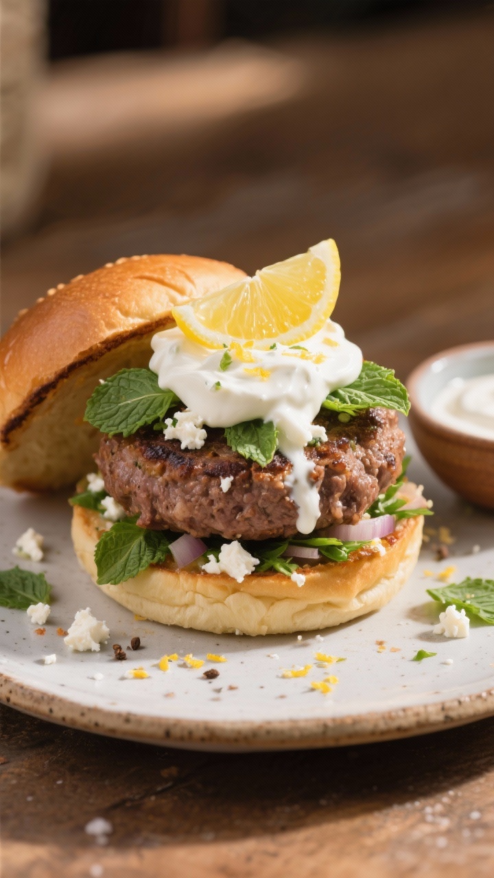 A plated, straight-on portrait of a lamb burger stacked on a rustic ceramic plate: juicy ground lamb patty flecked with crumbled feta, mint, parsley, shallot, coriander, cumin, and kosher salt, topped with a generous dollop of lemon-garlic yogurt that gently drips over the sides. Fresh mint leaves and lemon zest sprinkled on top, a lemon wedge and extra yogurt in a small bowl to the side. Warm, natural light with shallow depth of field, showcasing the Mediterranean vibe and contrasting creamy yogurt against the richly browned lamb.