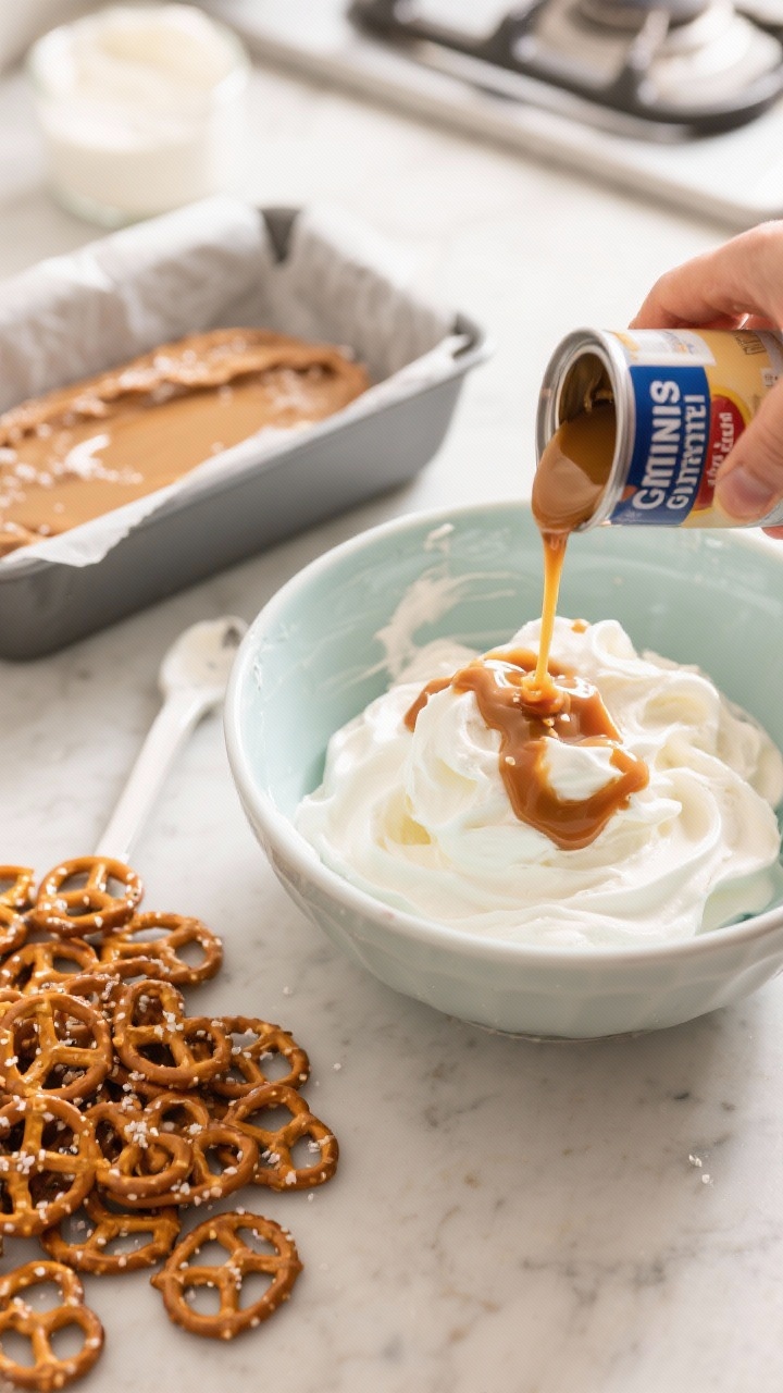 A process-focused overhead ingredient scene for no-churn salted caramel pretzel ice cream: a mixing bowl with thick, softly peaked whipped heavy cream, a can of sweetened condensed milk partially poured, a ribbon of thick salted caramel sauce being folded in, and a pile of mini pretzels ready for stirring. Include a loaf pan lined with parchment for freezing and an extra drizzle of caramel nearby. Bright, inviting kitchen light, crisp textures, and a playful salty-sweet vibe.